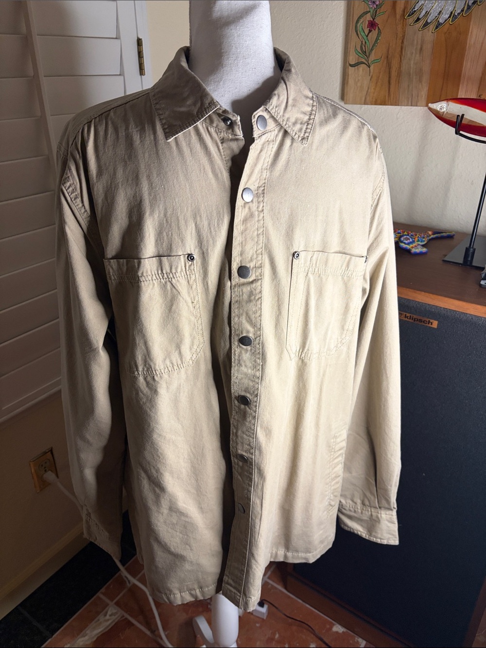 🤎👍North River Tan Long Sleeve Cotton Shirt W/Plaid Warm Soft Flannel Lining Sz M